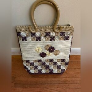 Handcrafted vintage Floral Crochet  Bag - Cream and Wine Tan